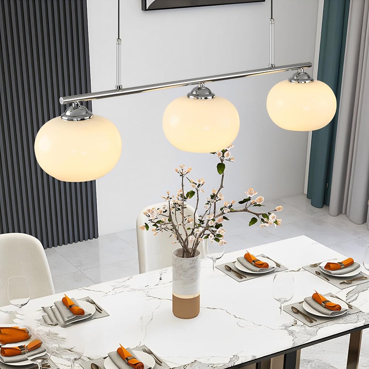 Nordic Linear 31.5" LED Pendant Light E27 White Glass Shade Iron 3-Light Hanging Kitchen Island Dining Room Coffee Shop Living