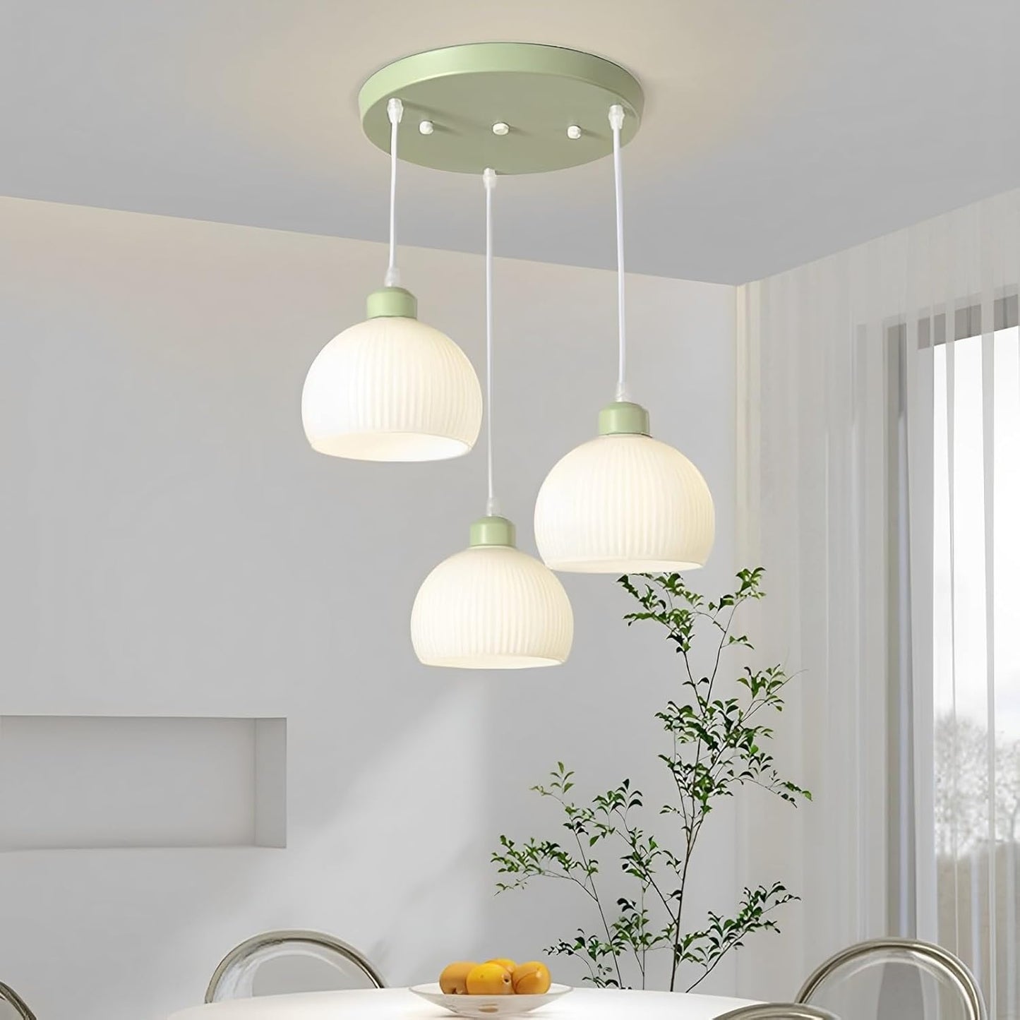Modern Green Glass Chandelier 3-Lights E27 Indoor Triple Pendant Light Fixtures Kitchen Island Dining Restaurant Home Decor