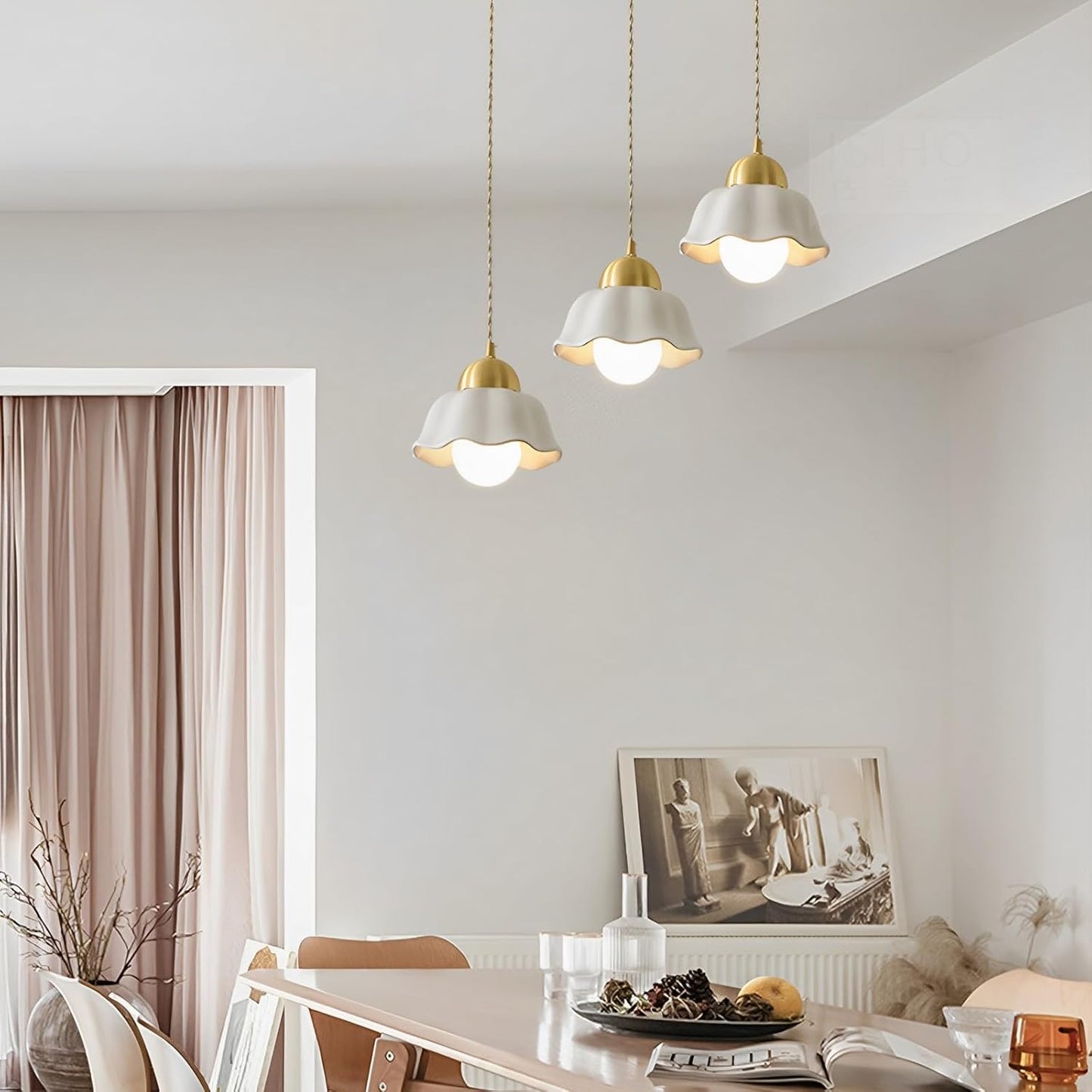 Copper Ceramic 3-Light E27 Pendant Triple Indoor LED Linear Chandelier Fixture Dining Room Kitchen Lighting Hotel Glass