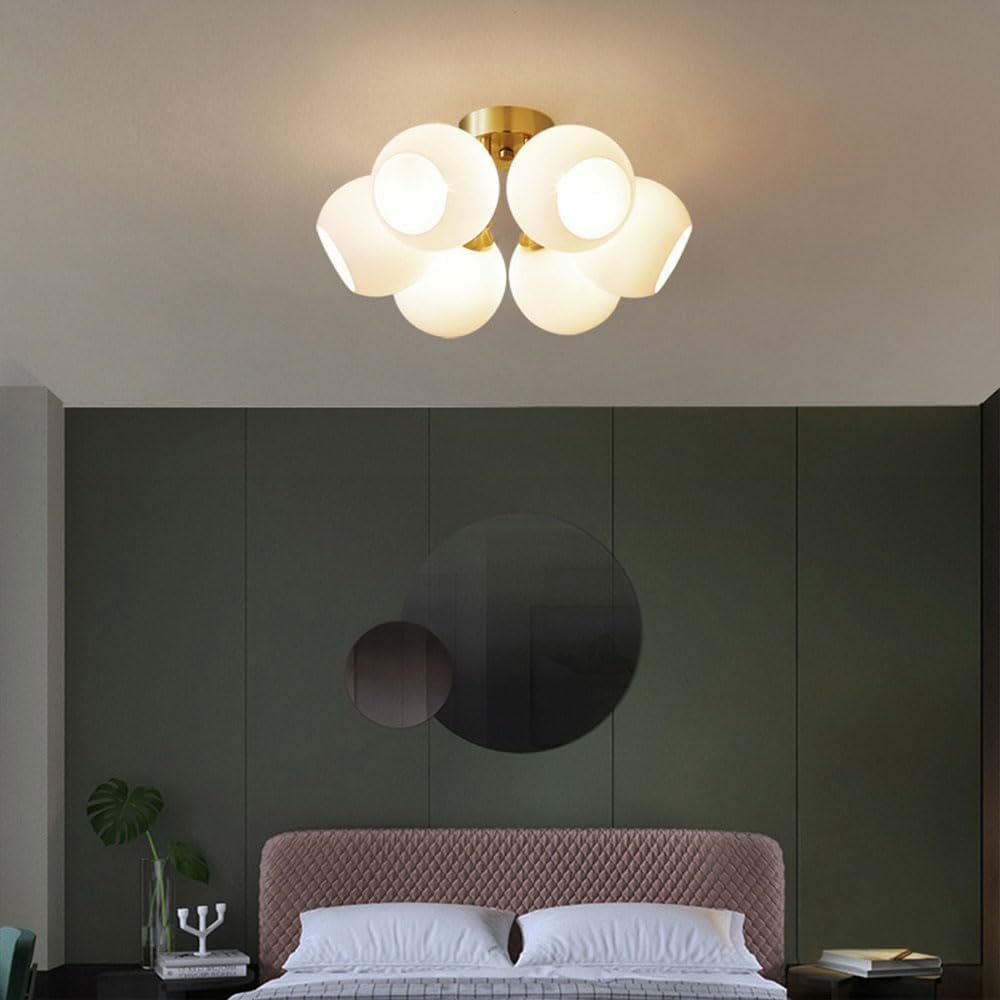 Modern Indoor Copper Boom Base Ceiling Chandelier with Multi-Light LED Elegant White Glass Pendant Lamp for Living Dining Room