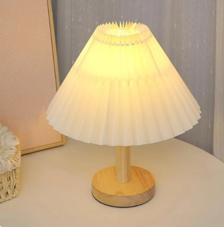 Modern Retro Pleated Bedroom Table Lamp with Wooden Base Rechargeable 5V AC Power Cloth Folding Lampshade Reading Table Light