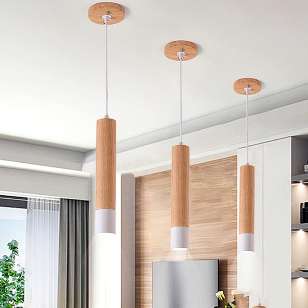 3W Indoor LED Pendant Lamp Wooden Cylinder Droplight Cylindrical Hanging Light Long Tube Ceiling Chandelier Kitchen Lighting