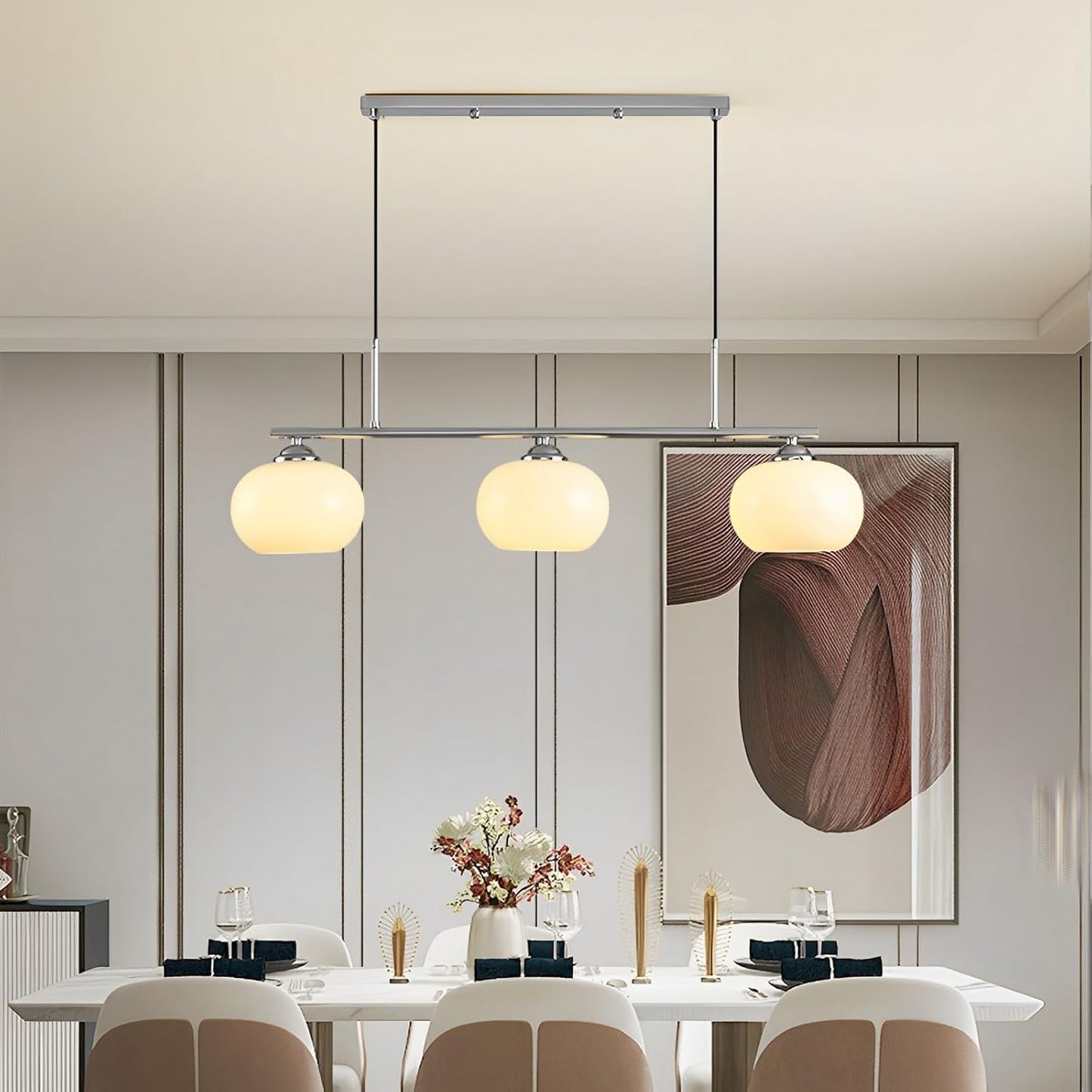 Nordic Linear 31.5" LED Pendant Light E27 White Glass Shade Iron 3-Light Hanging Kitchen Island Dining Room Coffee Shop Living