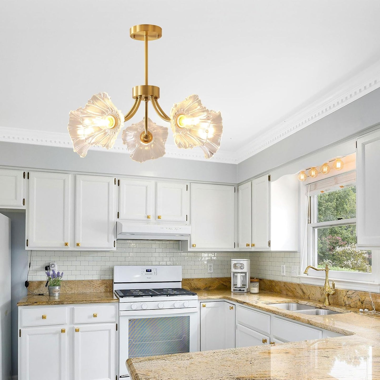 Creative Luxury Gold Pendant Lamp Copper Chandeliers Flower Glass Shade Living Room Dining Room Study Kitchen Ceiling Light