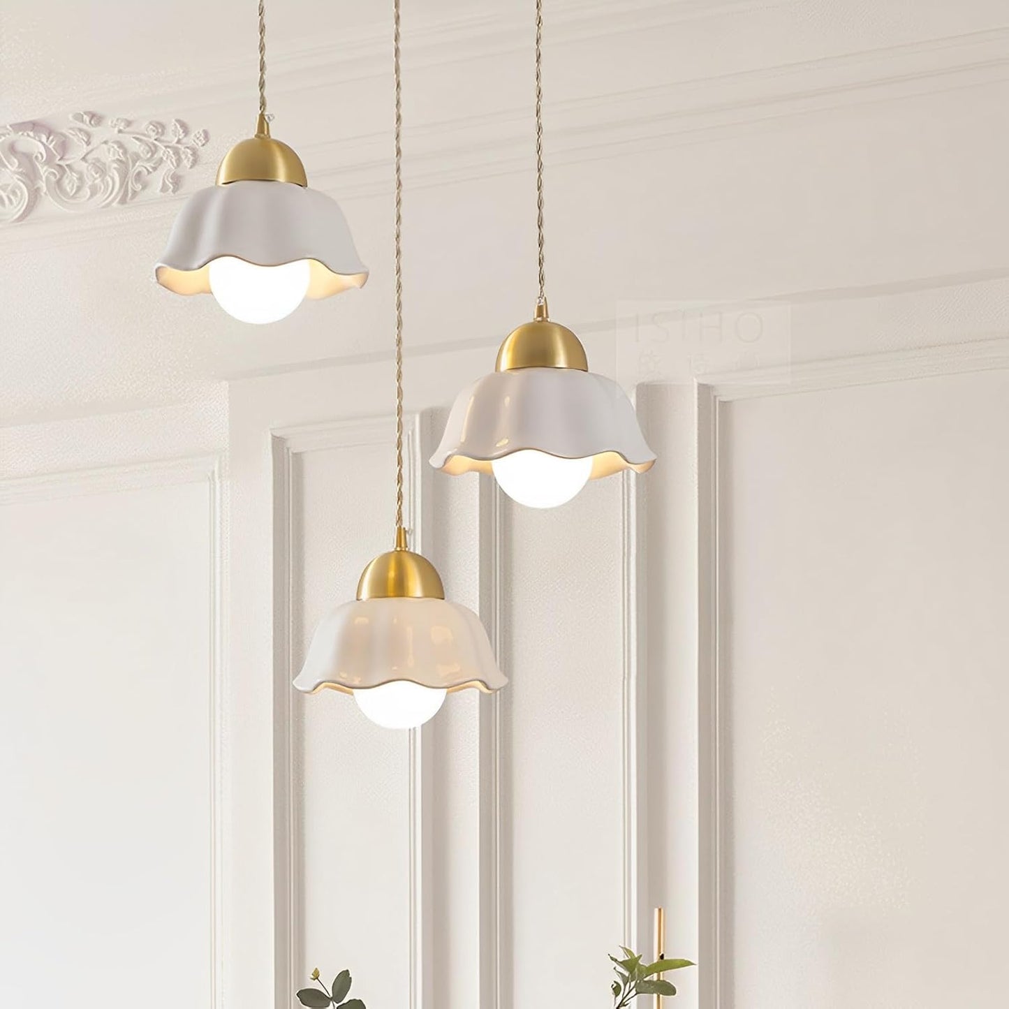 3-Lights E27 Copper Pendant Light Ceramic Shade Linear Indoor Chandelier Lighting Dining Room Kitchen Island Pendant