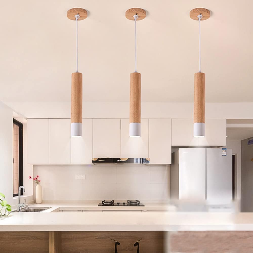 3W Indoor LED Pendant Lamp Wooden Cylinder Droplight Cylindrical Hanging Light Long Tube Ceiling Chandelier Kitchen Lighting