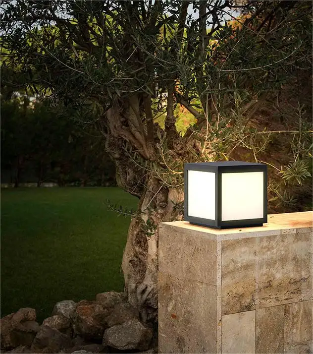 Modern Outdoor LED Column IP65 Waterproof Creative Square Cube Black Finish Aluminum Metal E27 Table Lamp Pond Landscape Deck