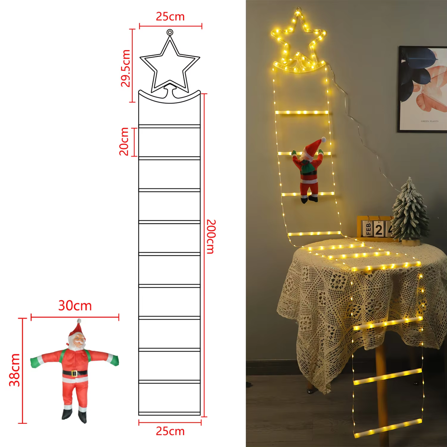 New Star Outdoor Waterproof LED Staircase Ladder Lights Five-Pointed Star Santa Claus Christmas Holiday Decorative String