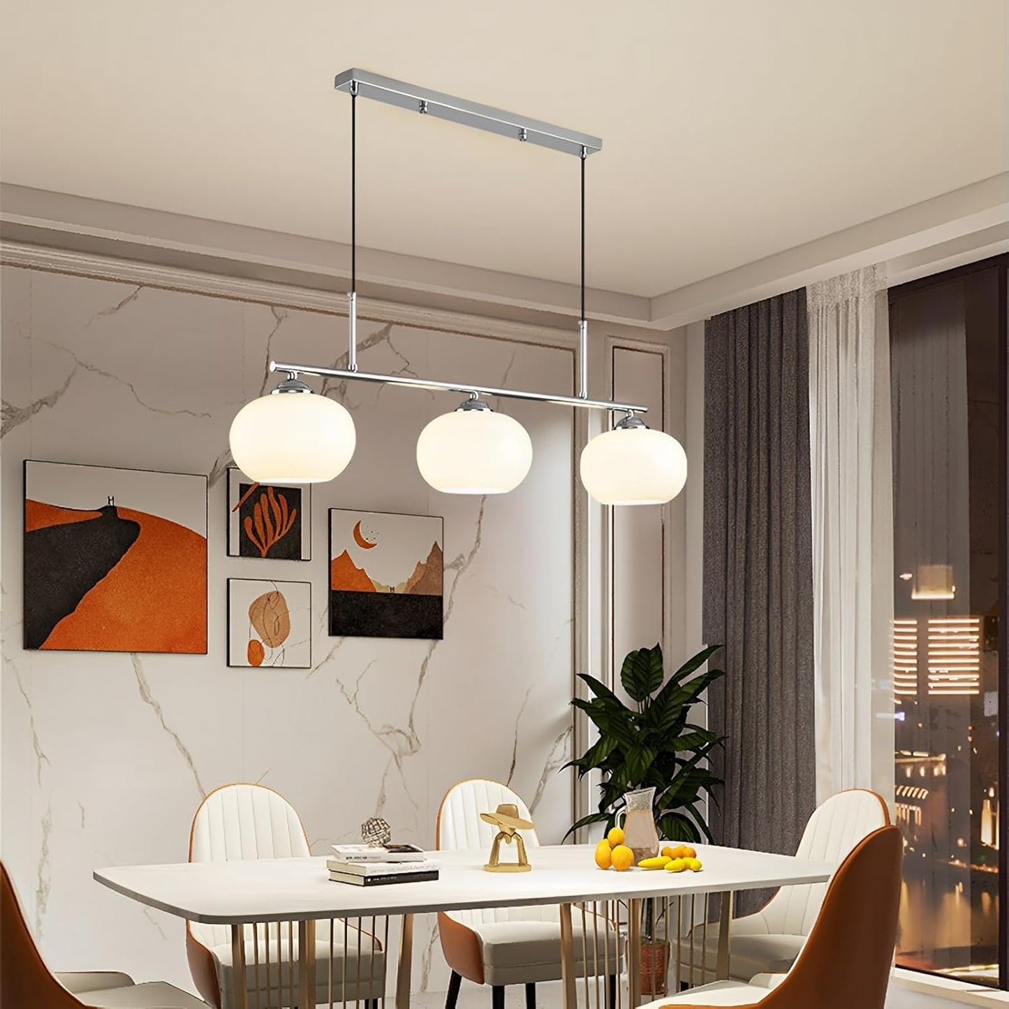 Nordic Linear 31.5" LED Pendant Light E27 White Glass Shade Iron 3-Light Hanging Kitchen Island Dining Room Coffee Shop Living