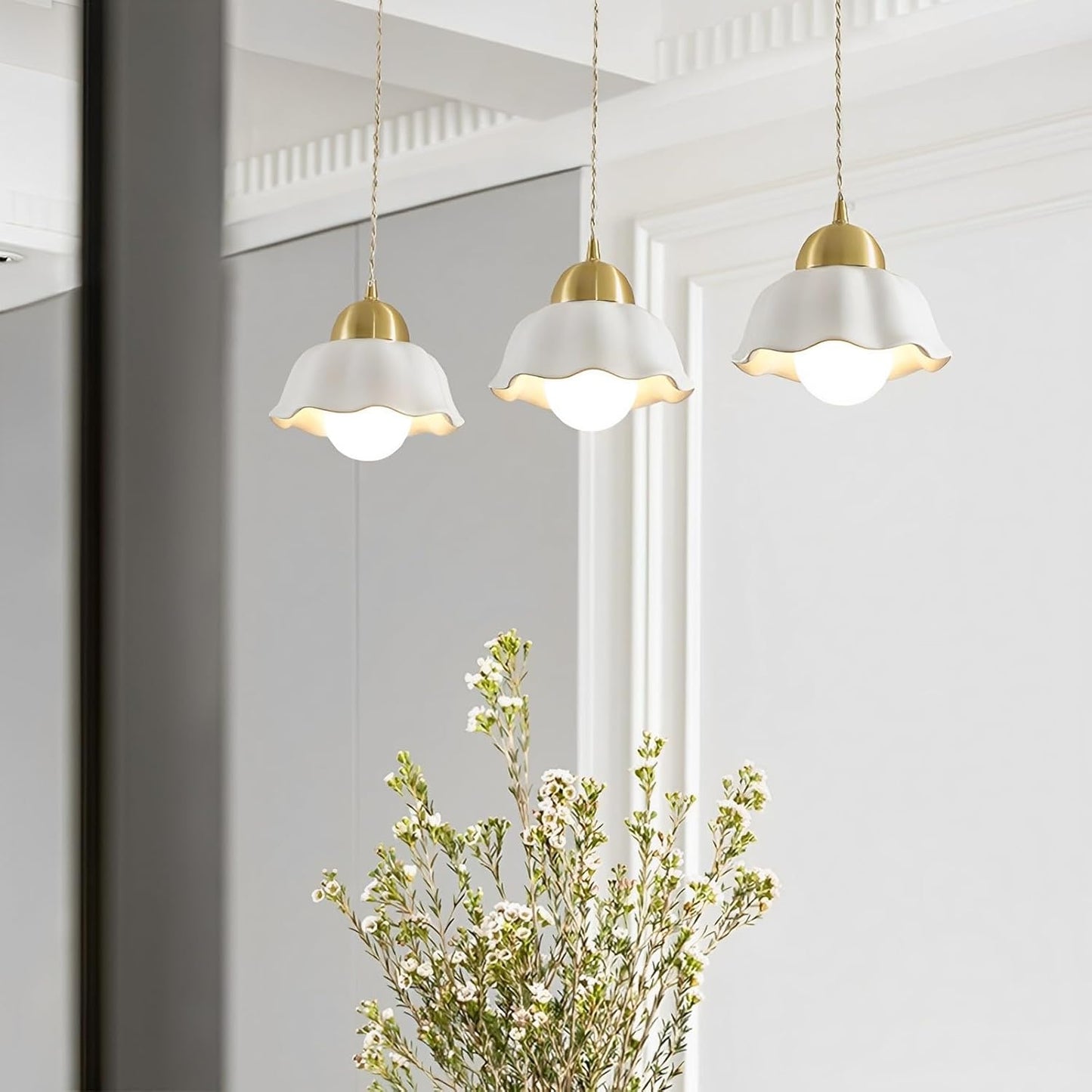 Copper Ceramic 3-Light E27 Pendant Triple Indoor LED Linear Chandelier Fixture Dining Room Kitchen Lighting Hotel Glass