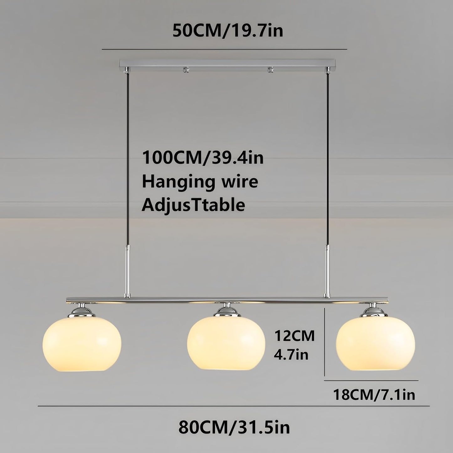 Nordic Linear 31.5" LED Pendant Light E27 White Glass Shade Iron 3-Light Hanging Kitchen Island Dining Room Coffee Shop Living