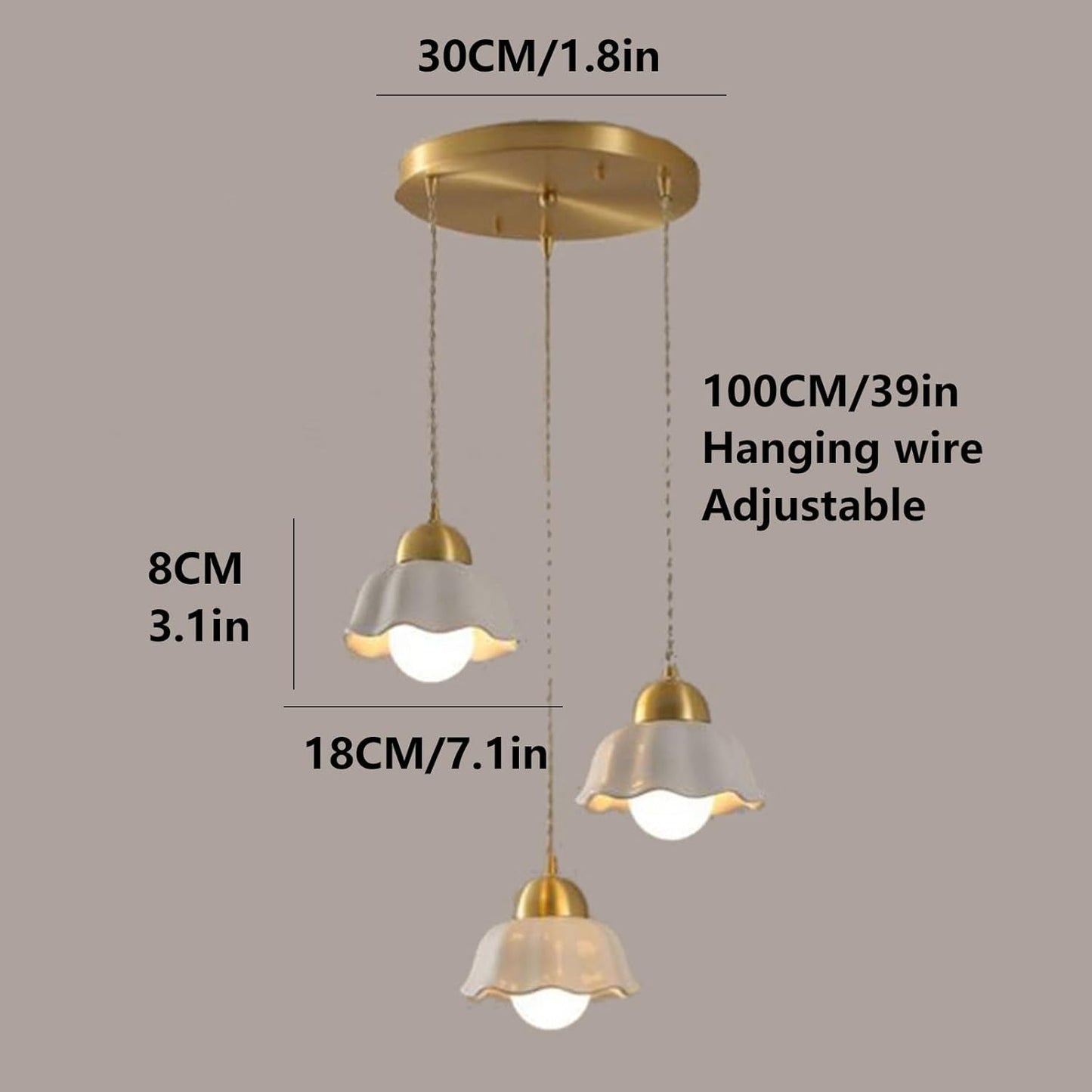 3-Lights E27 Copper Pendant Light Ceramic Shade Linear Indoor Chandelier Lighting Dining Room Kitchen Island Pendant