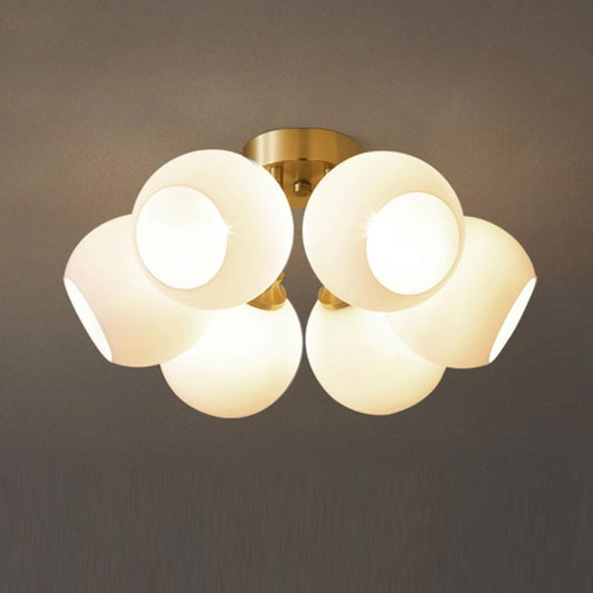Modern Indoor Copper Boom Base Ceiling Chandelier with Multi-Light LED Elegant White Glass Pendant Lamp for Living Dining Room