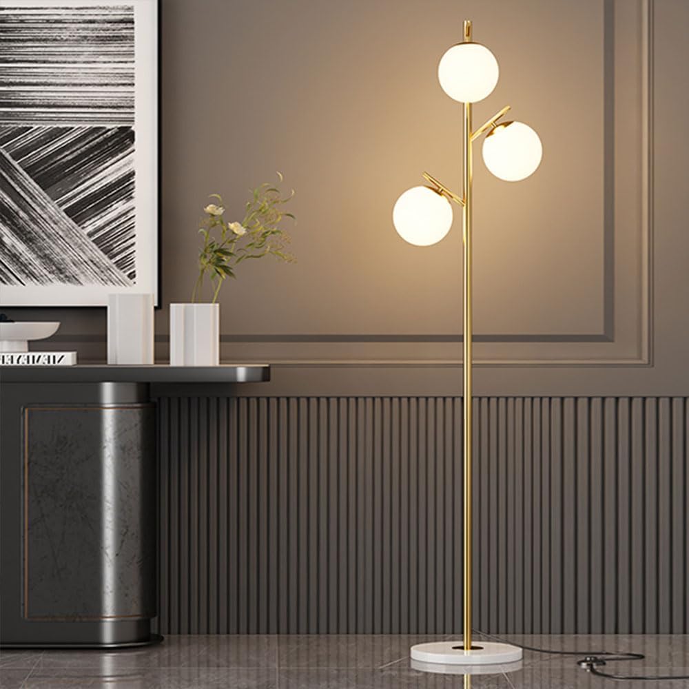 3-light White Glass Globe Floor Lamp Metal Foot Switch Living Bedroom Vertical Lighting Gold with Marble for Study Office LED 80