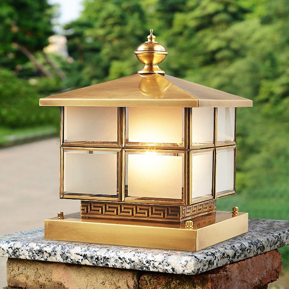 IP55 Waterproof Antirust E27 LED Full Copper Metal Column Lamp Retro Style Garden Deck Pillar Lighting Vintage Glass Aluminum