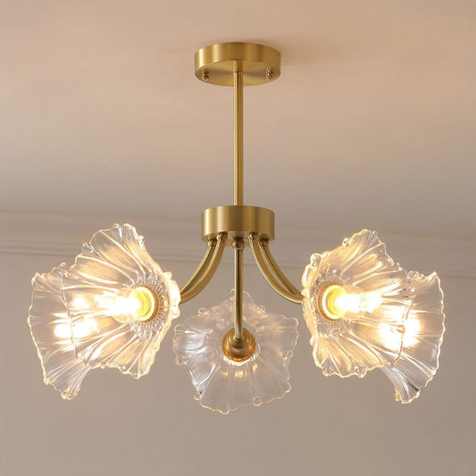 Creative Luxury Gold Pendant Lamp Copper Chandeliers Flower Glass Shade Living Room Dining Room Study Kitchen Ceiling Light