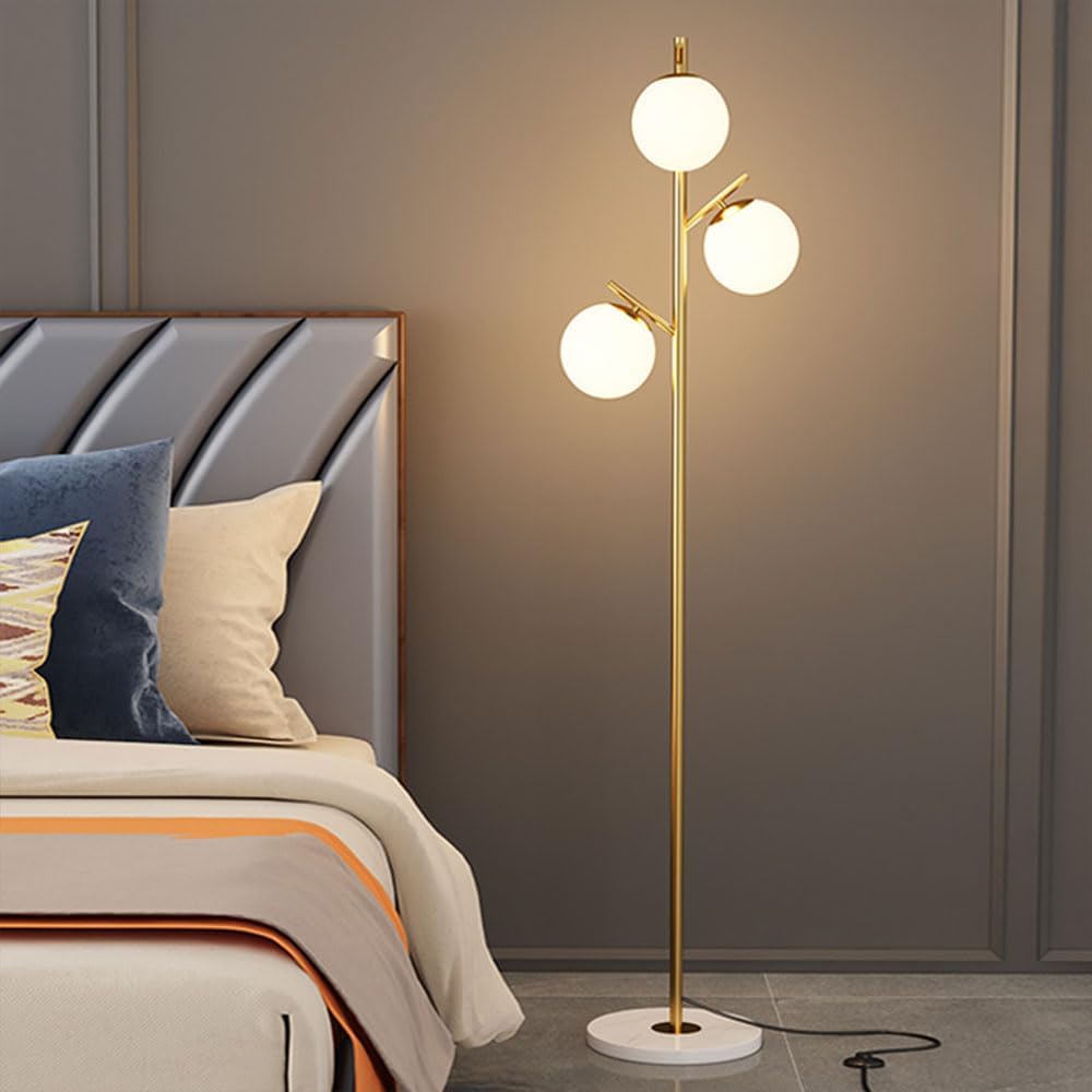 3-light White Glass Globe Floor Lamp Metal Foot Switch Living Bedroom Vertical Lighting Gold with Marble for Study Office LED 80