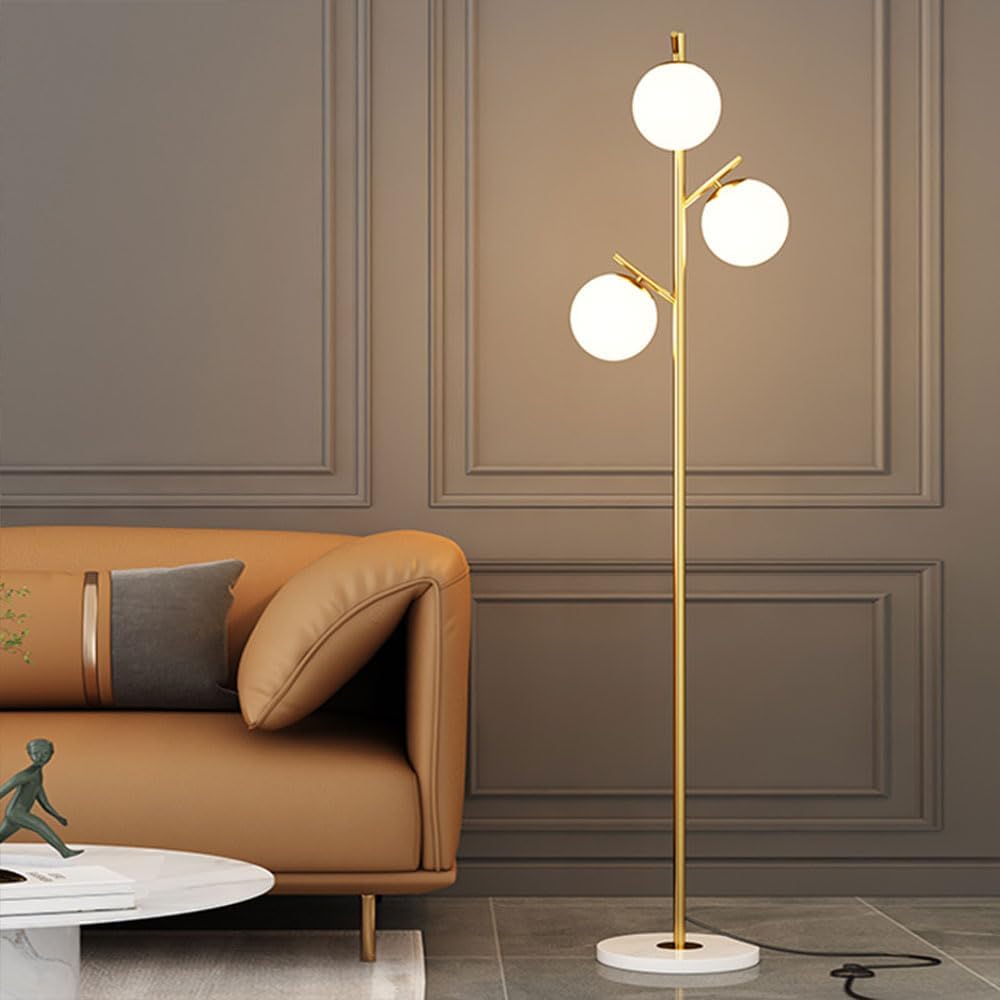 3-light White Glass Globe Floor Lamp Metal Foot Switch Living Bedroom Vertical Lighting Gold with Marble for Study Office LED 80