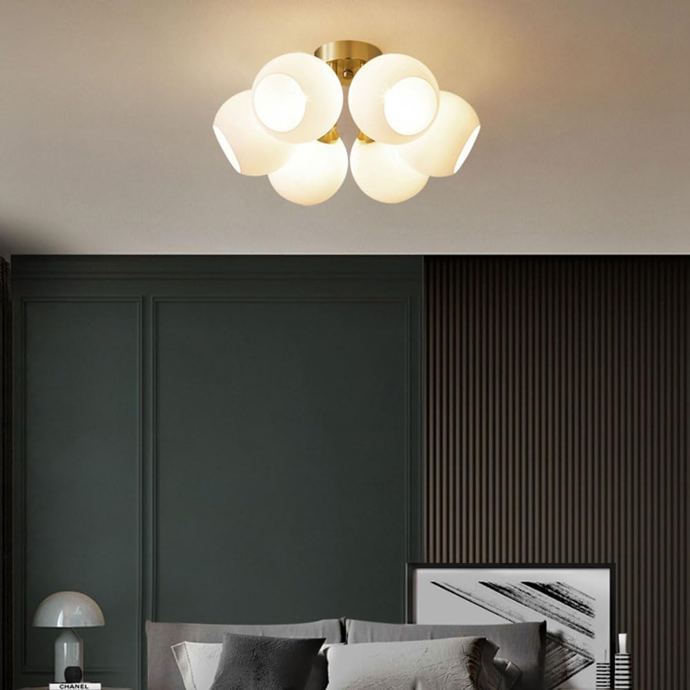 Modern Indoor Copper Boom Base Ceiling Chandelier with Multi-Light LED Elegant White Glass Pendant Lamp for Living Dining Room