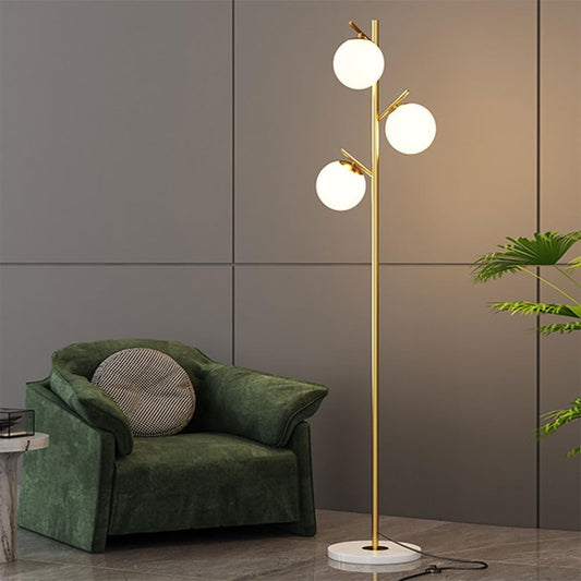 3-light White Glass Globe Floor Lamp Metal Foot Switch Living Bedroom Vertical Lighting Gold with Marble for Study Office LED 80