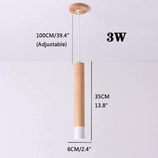 3W Indoor LED Pendant Lamp Wooden Cylinder Droplight Cylindrical Hanging Light Long Tube Ceiling Chandelier Kitchen Lighting